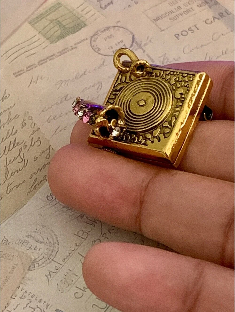 Charming Gold Tone Turntable Pin with Pink Rhinestones Retro Music Lover's Dream